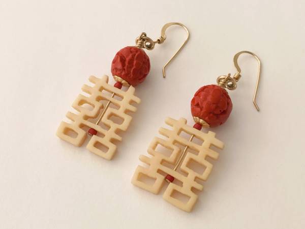 Very rare vintage 14k Chinese carved bone earrings 1