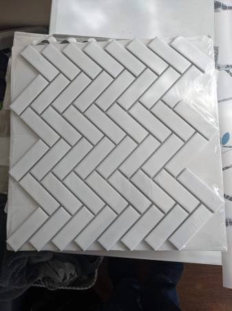 Tile: Glossy White Herringbone Porcelain Mosaic 1