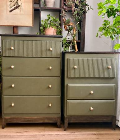 Custom Refinished Solid Wood Dresser Set | Olive & Walnut 1