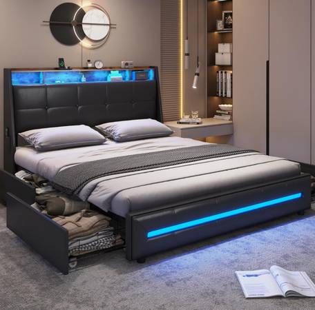Queen Bed Frame with 4 Storage Drawers, Charging Station and LED Lights,PU Black 1