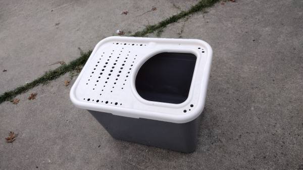 Top-Entry Cat Litter Box - Grey Base & White Lid with Sifting Holes 1