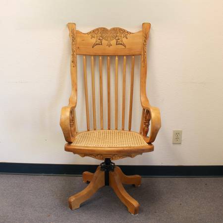 Tall Vintage Swivel Chair Wicker Seat Carved Wooden Backrest 1