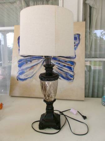 TABLE LAMP: Allen Roth 21". bronze base. faux marble body. shade. 1