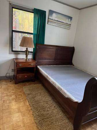 Solid Wood Sleigh Bed + Nightstand – Good Condition 1