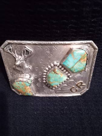 VINTAGE SOLID STERLING SILVER AND TURQUOISE STONES BELT BUCKLE - $300 (brentwood / oakley)63471475435779124