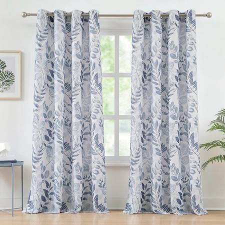 Blue Leaf Print Curtains 84 inch Length Botanical Sheer Curtains Natural Texture 1