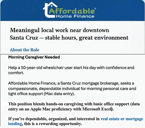 $22/hr — Caregiver + Light Office Assistant (Downtown Santa Cruz, W‑2) 1
