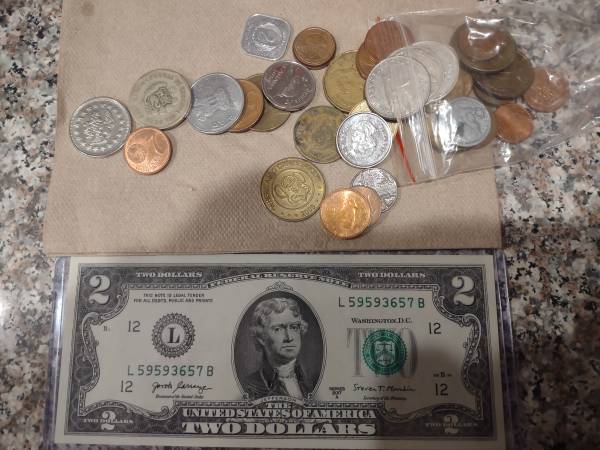 Foreign and US coins and bills for 10 year old 1