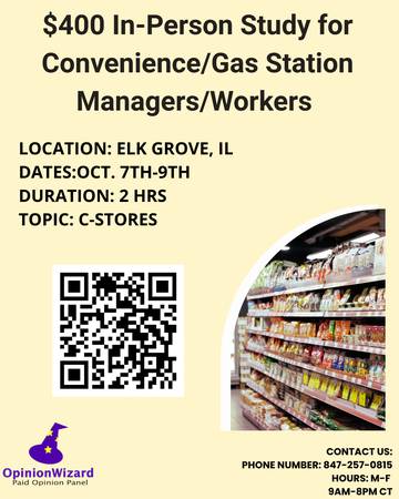 $400 In-Person Study for Convenience/Gas Station Managers/Workers (Elg Grove, IL)63918925448578120
