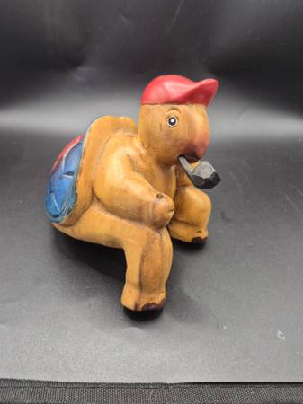 Wood Carved 6" Vintage Fishing Turtle Shelf Sitter (Missing Pole) 1