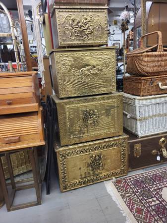 Antique Embossed Brass Fireplace Coal wood Chest fire Wood Log Boxes 1