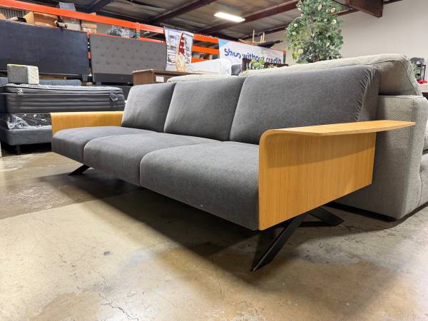 MODERN MID CENTURY GRAY SOFA WITH WOOD ARMS !! 1