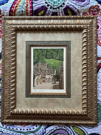 Framed, Signed Lithograph of English Village by Artist Tom Caldwell 18.5 x 21 1