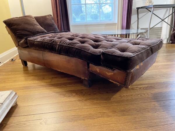 Antique French Leather Brown Convertible Loveseat Daybed with Velvet cushions 1