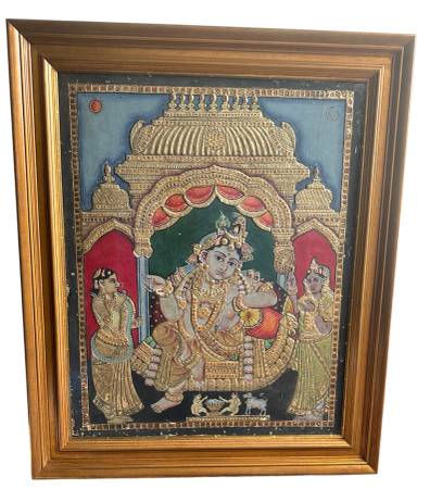 Tanjore Painting Krishna INDIA Indian Gold Thanjavur Antique Vin 1