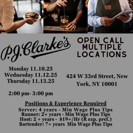 PJ Clarkes Server, Bartender, Host & Runner OPEN CALL 1