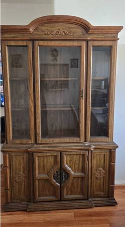 Vintage Two-Piece Dark China Cabinet And Hutch With Glass Paneled Doors
