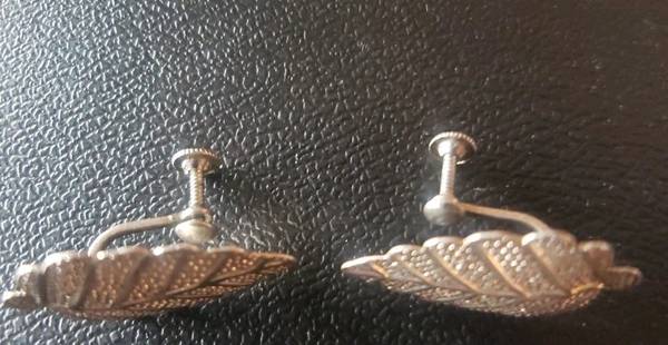 Sterling Silver Screwback Leaf Botanical .925 Vtg Estate Earrings 1