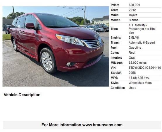 2012 TOYOTA SIENNA WHEELCHAIR VAN BRAUN RAMP LOW MILES - $38,999 (Seekonk MA , Platinum BraunAbility Dealer)63623751222659121