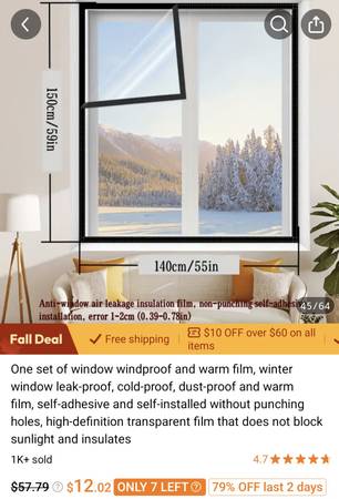 Each $6 - thick transparent Winter window film (2) 55x55 NEW 1