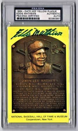 Eddie Mathews Signed Hall of Fame Plaque Milwaukee Braves HOF AUTO PSA 1