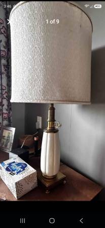PAIR STIFFEL WHITE CERAMIC CAST BRASS HEAVY LAMPS WITH ORIGINAL SHADES 1
