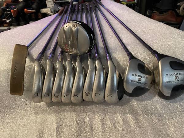 Silver Diamond golf irons with woods, driver, putter and a bag 1