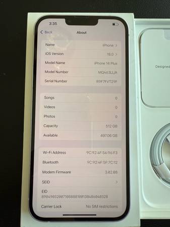 iphone 14 plus 512GB PURPLE - $590 (New York)63470648621443123