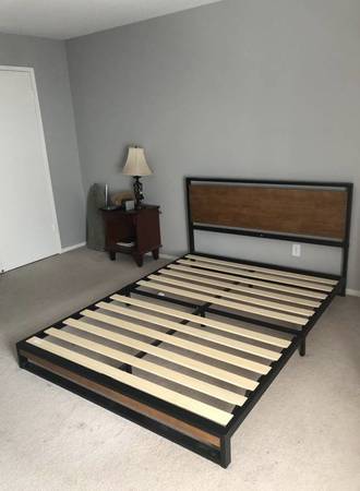 Queen size bed frame, wood headboard and slab, metal frame 1