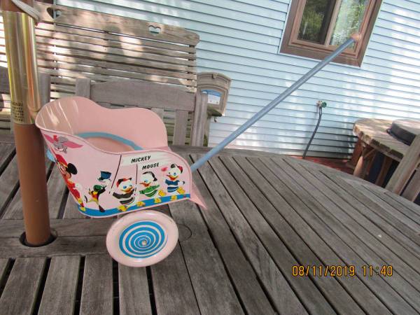 MICKEY MOUSE CLUB TIN LITHO DISNEY PULL BABY STROLLER ADCO 50s RARE 1