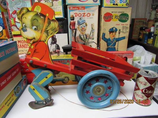 GONG BELL FLEET FOOT FIDO 1939 LARGE RARE WOODEN PULL TOY EXC 16" LONG 1