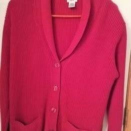 Liz Baker CandyAppleRedRibbed Knit Long SleeveCollaredCardigan Sweater 1