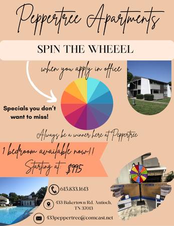 $995 / 1br - 700ft2 - SPIN THE WHEEL!!! NOW LEASING~ONE BEDROOMS!!! (433 Bakertown Road Antioch)63680319558531120