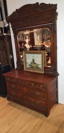 Antique 1800’s Victorian Dresser – Massive 92″ Ornate Carved Mirror 1