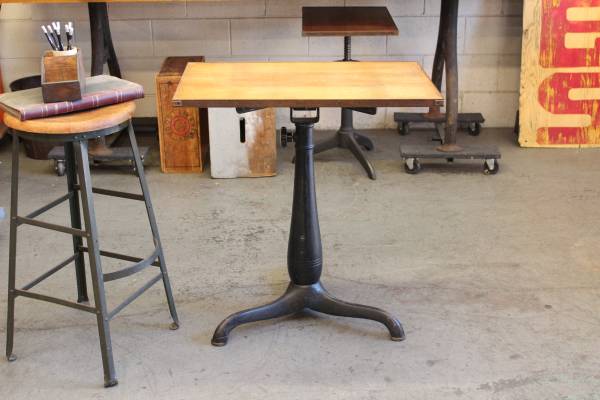 Vintage Industrial Drafting Side Table Cast Iron Wood 1
