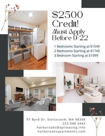 $1,749 / 2br - 926ft2 - $2500 In Savings! Apply By SUNDAY!👌 (97 Byrd Drive, Steilacoom, WA)63786780087553121