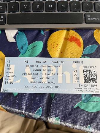 Cyndi Lauper Hollywood Bowl ticket, 8-30-25 1
