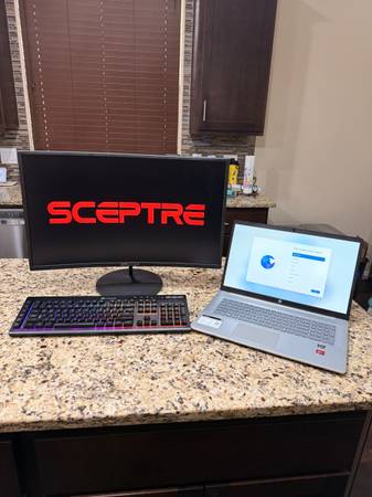 Complete Computer Setup — HP Laptop + 27" Curved Monitor + Corsair Key 1