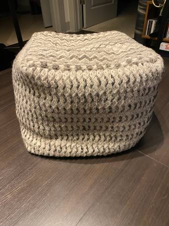 Off-White & Gray Patterned Soft Square Floor Pouf Ottoman 1