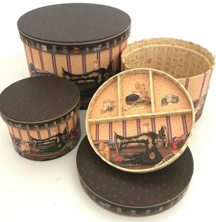 3 Round Stacking Boxes A Stitch In Time Sewing Themed w/Lids Accessory 1