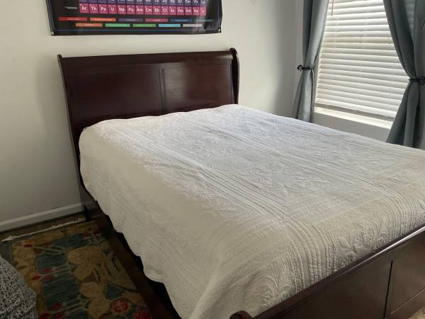 Dark cherry sleigh bed (full) with mattress and 5 drawer dresser 1