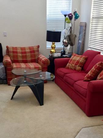 Red Sofa Bed and Plaid Chair 1