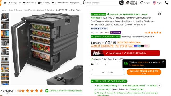 warehouse82QT/109 QT Insulated Food Pan Carrier, Hot Box Food Warmer w 1