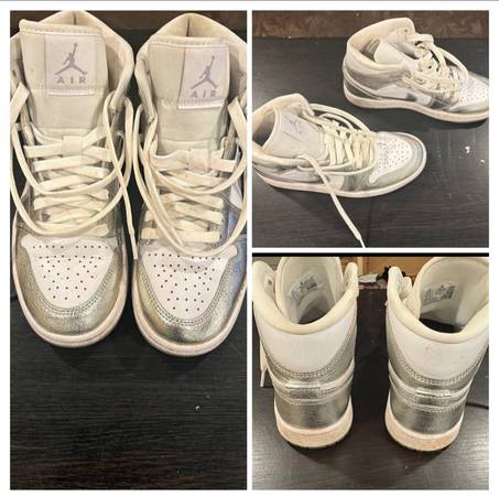 Women's White and Silver Nike Air Jordans 1