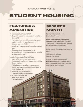 $850 / 1br - Dorm Style Student Housing Available September (Chinatown)63885006463105120