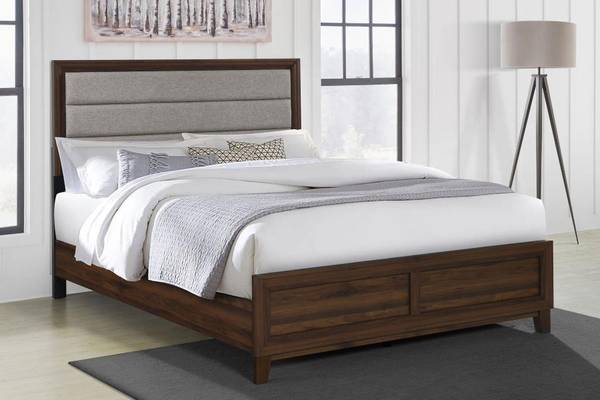 Upholstered Queen Bed in Walnut Wood Color Finish! 1