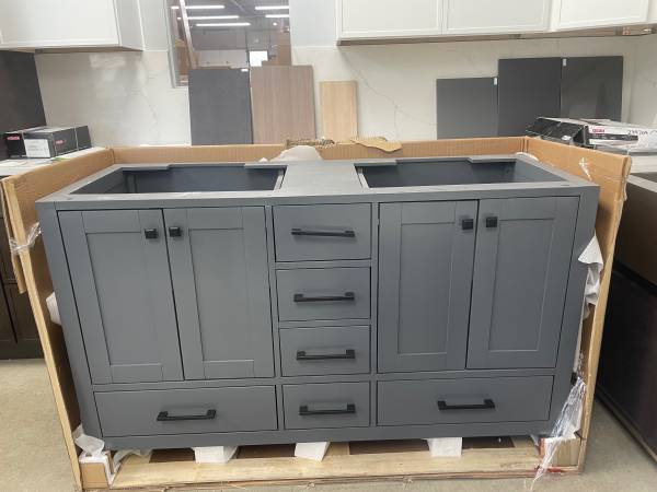 Bathroom vanity cabinet 60” solid mango Quartz top with sinks and back 1