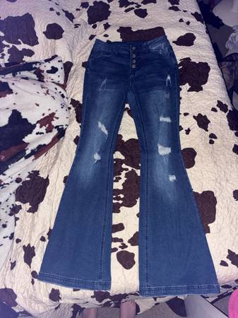 Size 4 high waisted distressed flare jeans 1