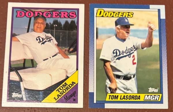 Tom Lasorda 2 Topps baseball cards 1988 & 1990 Dodgers Mgt 1
