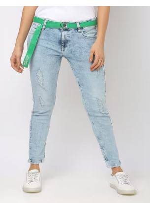 Washed Distressed Skinny Jeans with Belt 1